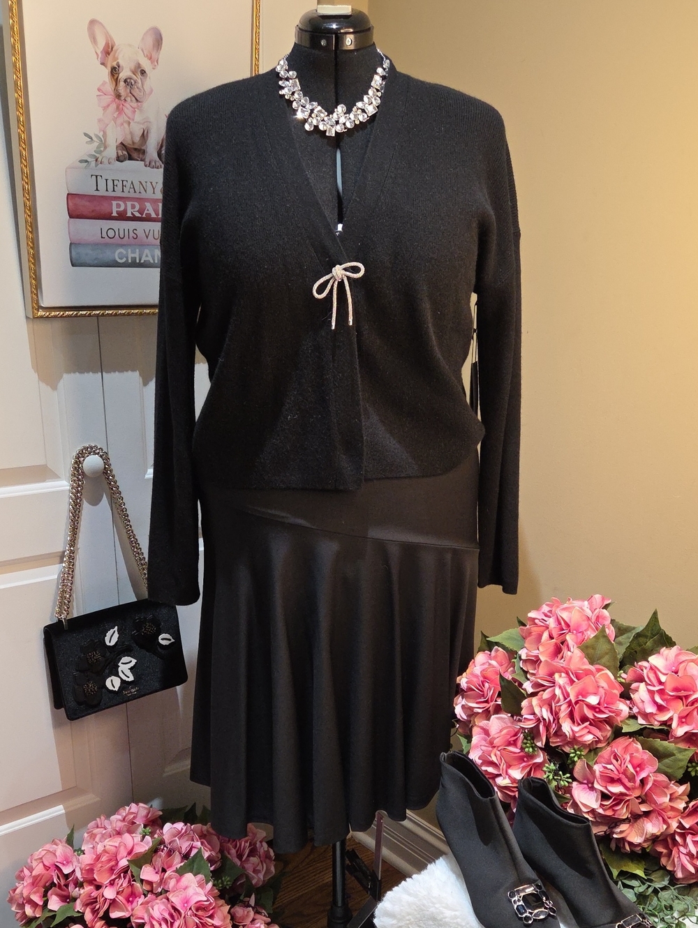 Nwt XL,L Cashmere Tahari Black Women's Cardigan Sweater with Tie Front